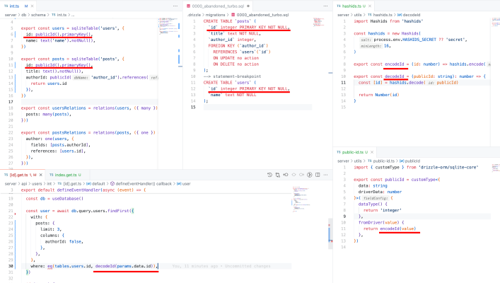 Code snippets in an editor: integer primary keys in the Drizzle schema, the generated SQL migration, Hashids encode and decode helpers, a custom publicId type, and a findFirst query using decodeId