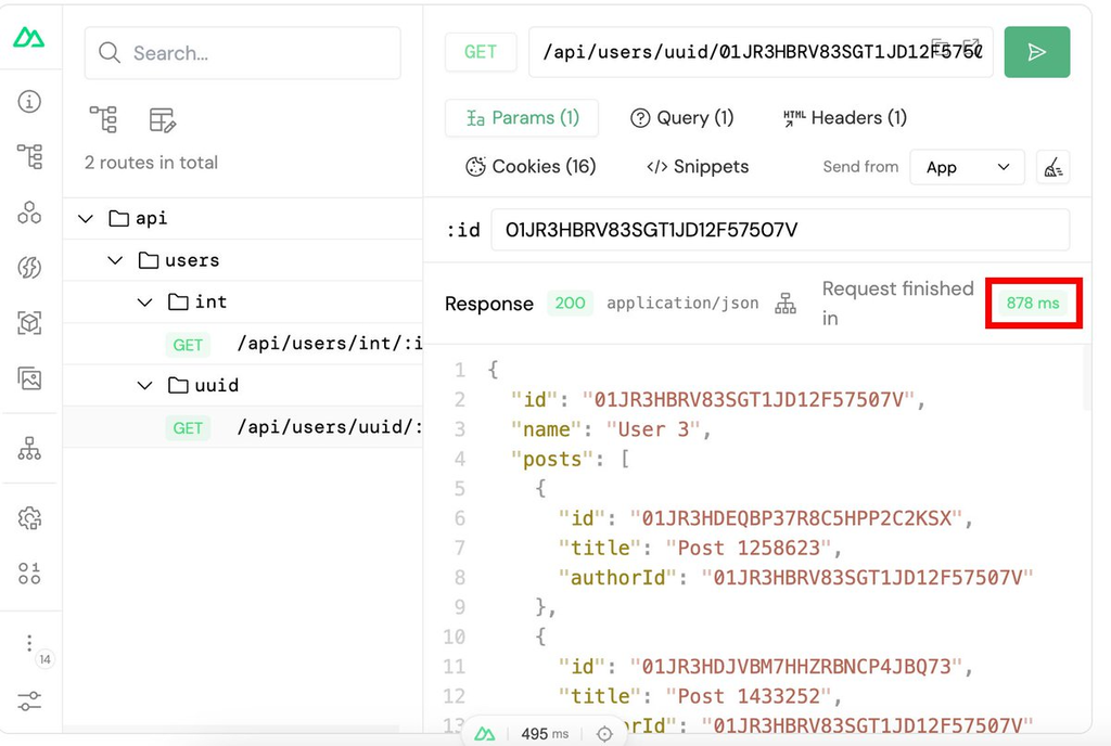 Nuxt DevTools server routes panel: GET /api/users/uuid with a ULID id, request finished in 878 ms