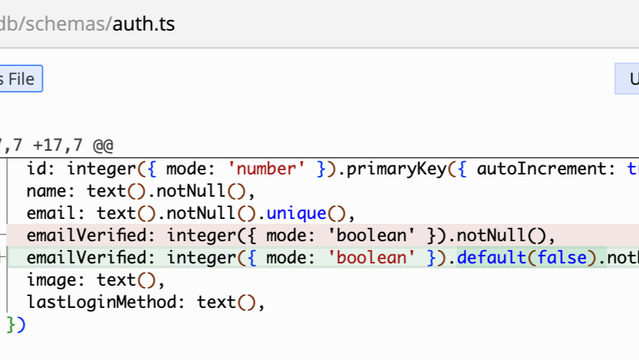 Git diff of the auth.ts schema where the emailVerified column changes from .notNull() to .default(false).notNull()