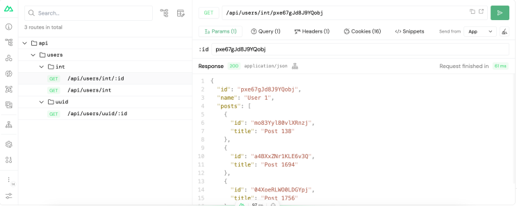 Get a user by ID (already encoded) with their posts (limited): Nuxt DevTools response of GET /api/users/int/pxe67gJd8J9YQobj