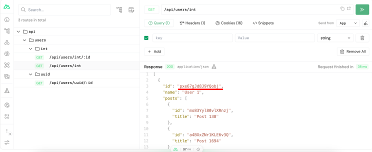 Get all users with their posts (limited): Nuxt DevTools response of GET /api/users/int where the user and post ids are encoded strings
