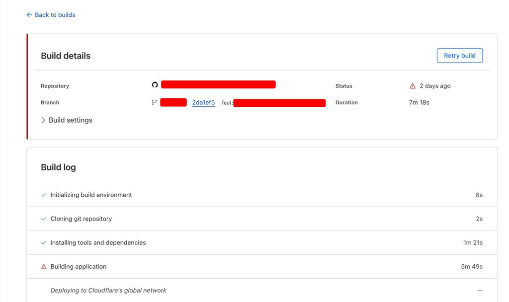 Cloudflare build details page for a failed build that took 7m 18s: building the application alone took 5m 49s