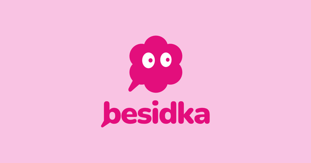 Besidka logo: a pink cloud-shaped speech bubble with eyes above the word "besidka" on a light pink background