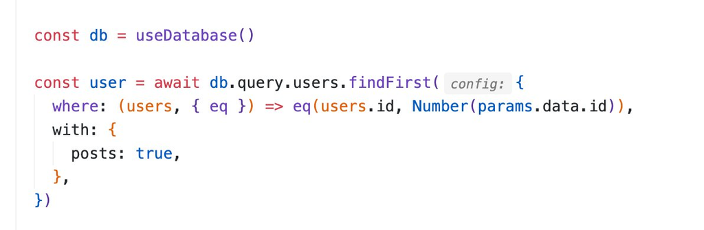 Drizzle findFirst code that fetches a user by id together with their posts