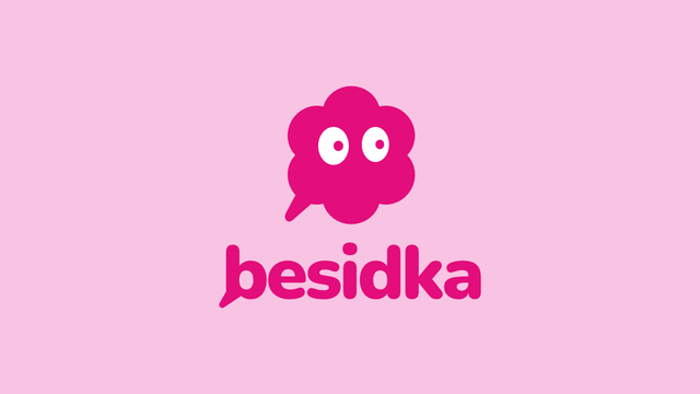 Besidka logo, a pink speech-bubble mascot with big eyes above the "besidka" wordmark on a light pink background