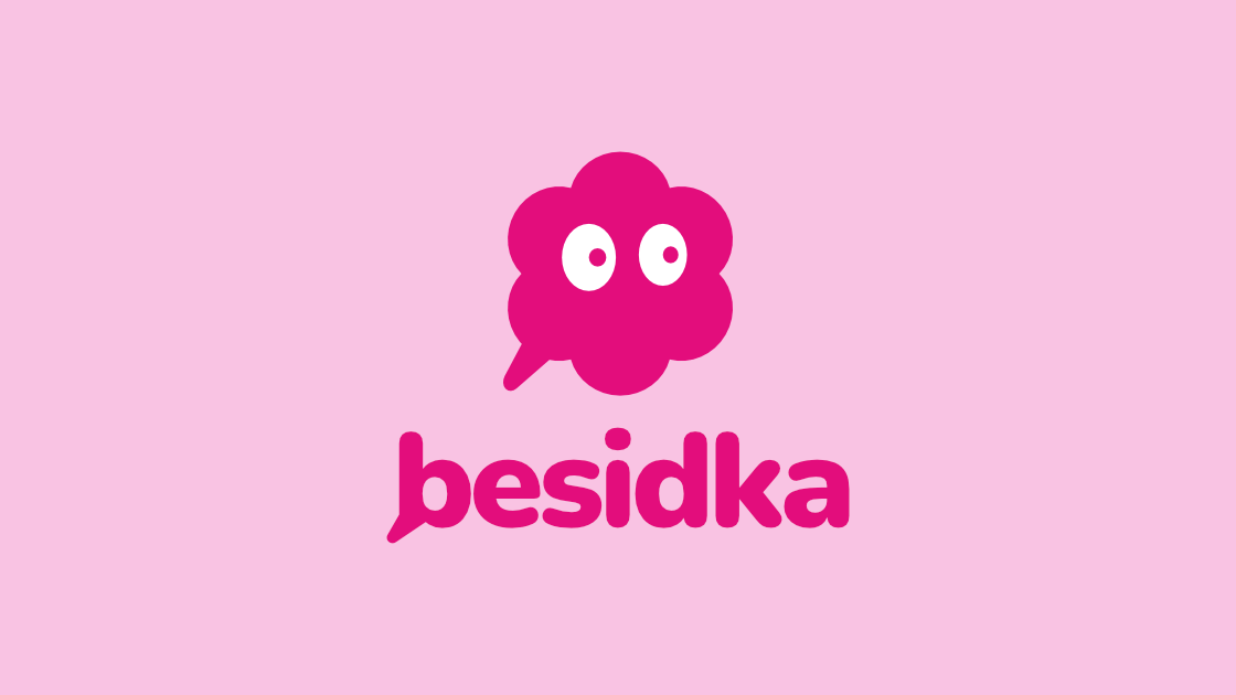 Besidka logo, a pink speech-bubble mascot with big eyes above the "besidka" wordmark on a light pink background