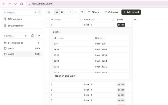 Drizzle Studio with the users table of auto-incremented integer ids (1.00K users, 5.00K posts) and one user's posts expanded