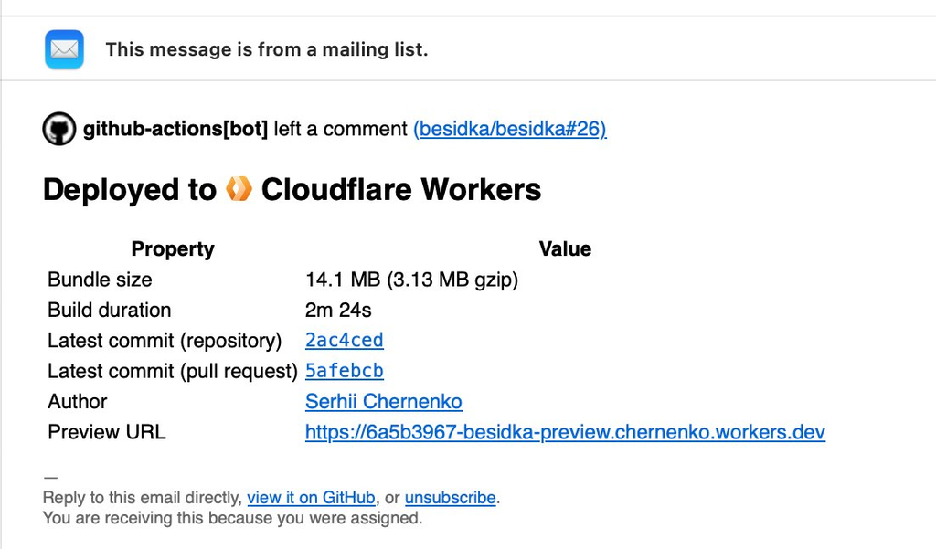 Email notification of the github-actions bot comment "Deployed to Cloudflare Workers" with the same table of build details