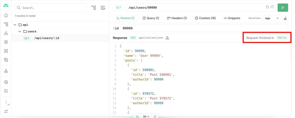 Nuxt DevTools server routes panel: GET /api/users/99999 with an integer id, request finished in 480 ms