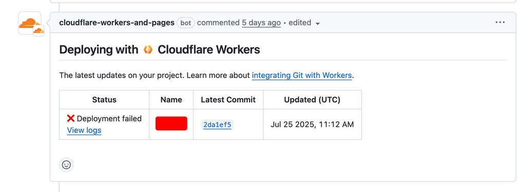Cloudflare Workers bot comment on a pull request reporting "Deployment failed" for the latest commit