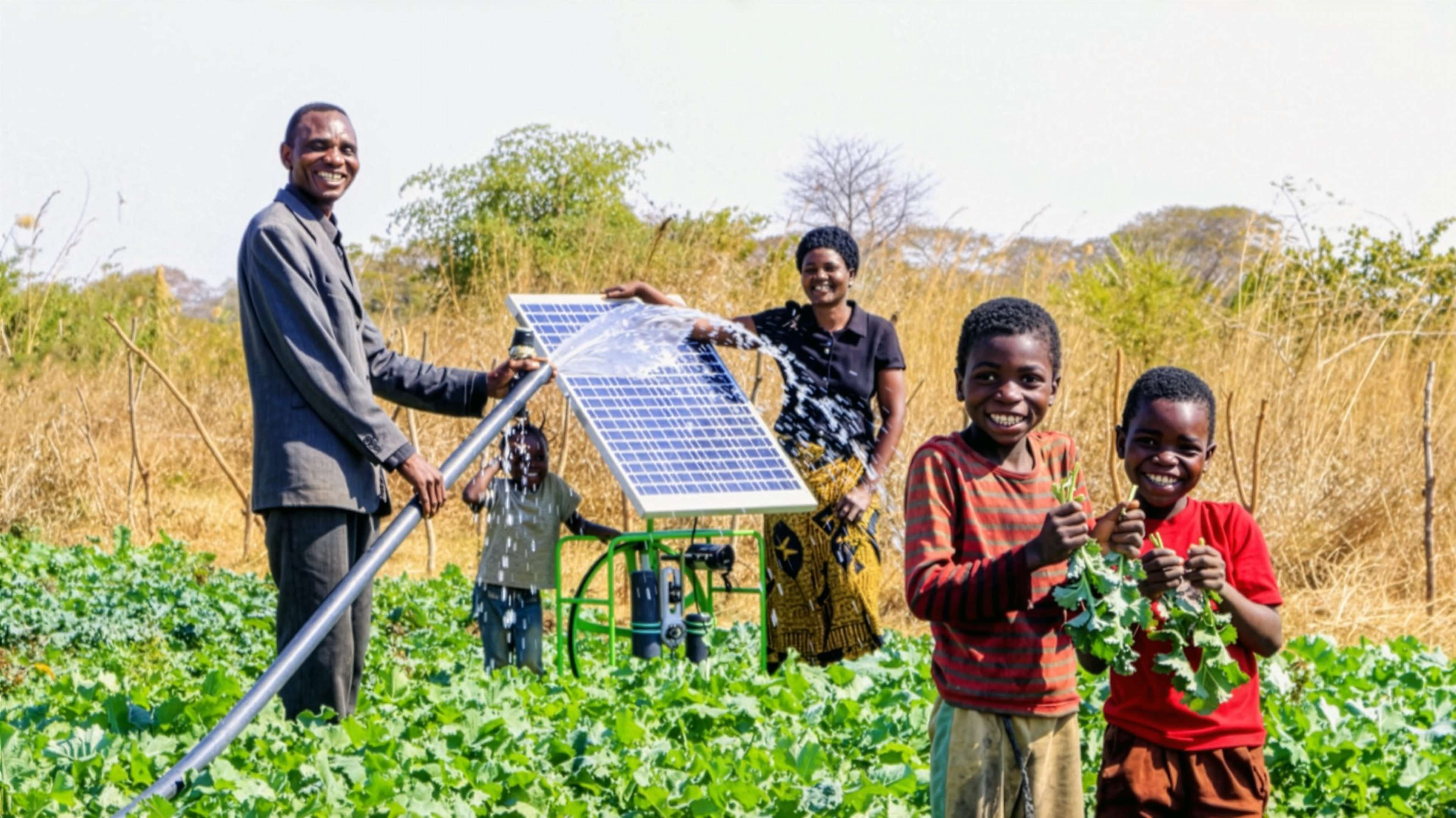 A smiling family irrigates a field of lush green crops with a solar-powered pump, while two children hold up freshly picked greens.