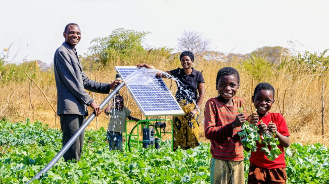 A smiling family irrigates a field of lush green crops with a solar-powered pump, while two children hold up freshly picked greens.