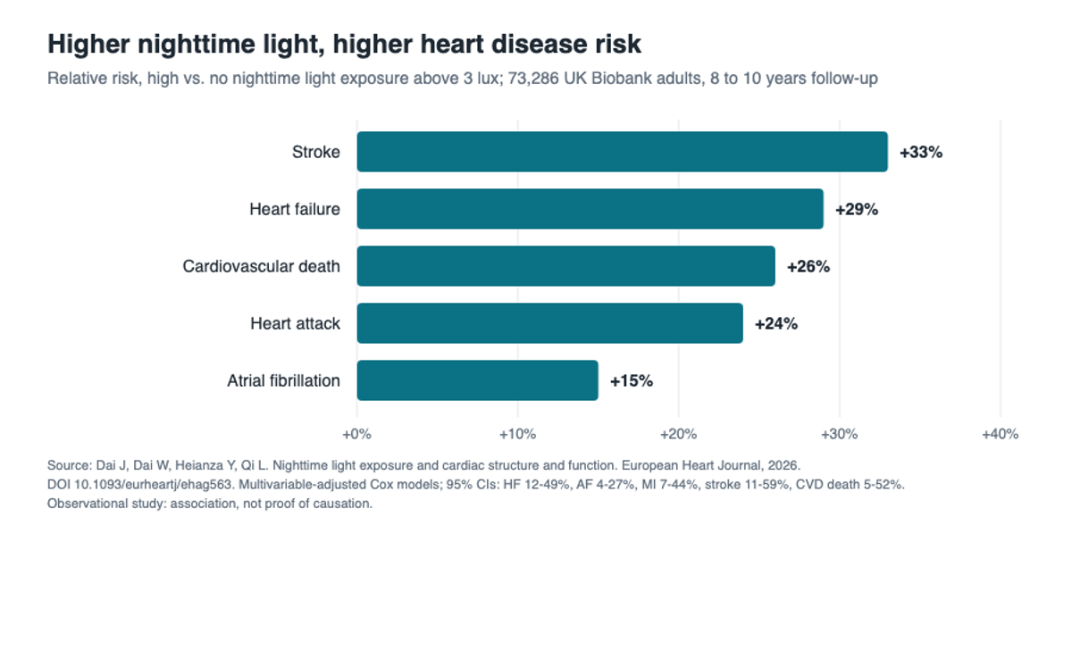 Relative changes in heart structure and function linked with high versus no nighttime light exposure above 3 lux in the 2026 study.