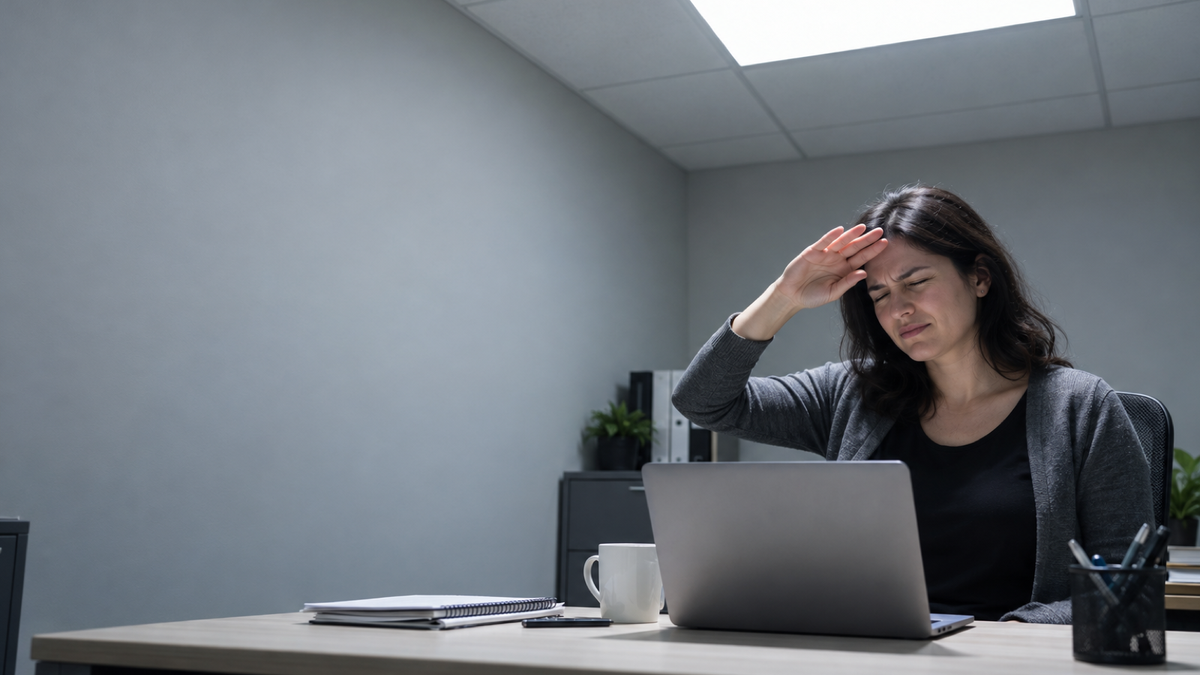 Office worker at a desk in a windowless office shields her eyes beneath a bright cool-white ceiling LED panel.