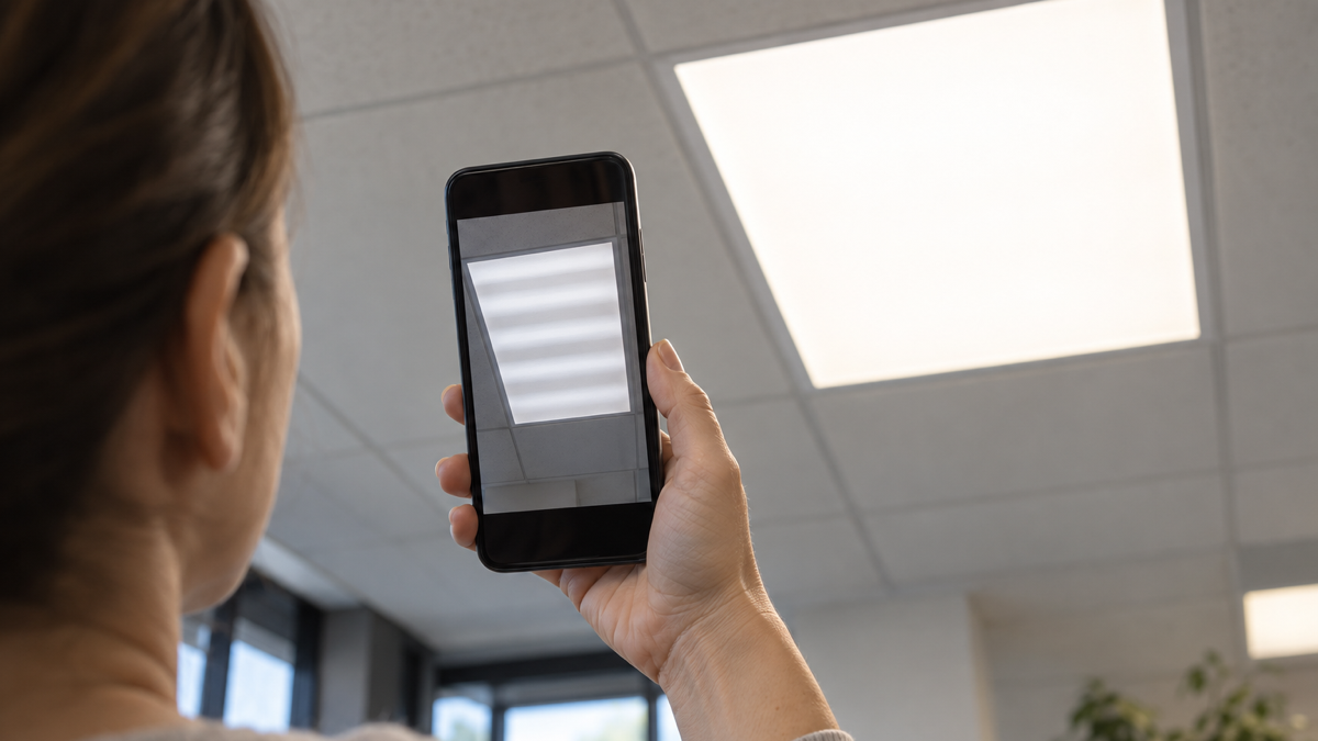 Person holding a smartphone toward a rectangular office ceiling LED panel, with horizontal bands on the phone camera preview while the real panel appears evenly lit.