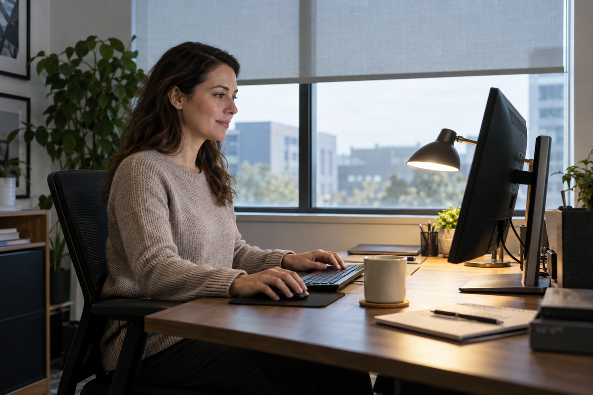 Office worker at a desk near a shaded window, using a lower monitor and warm task light to reduce glare.