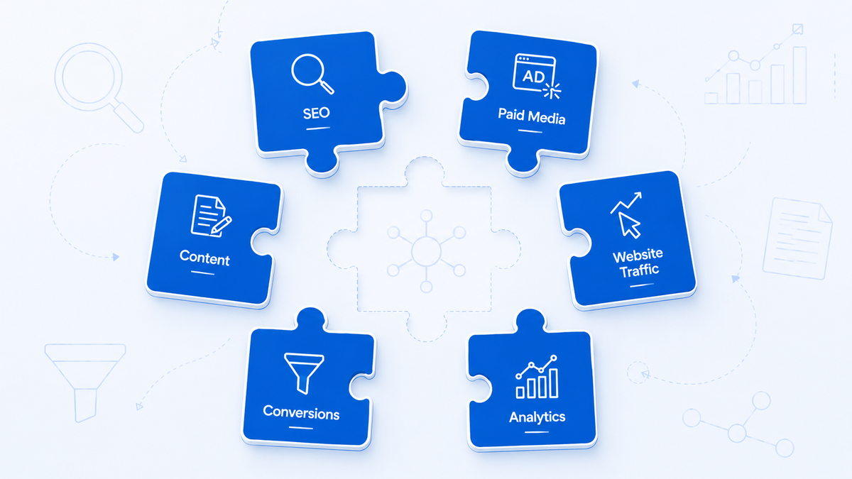 Digital marketing strategy puzzle showing SEO, paid media, content, traffic, conversions, and analytics.