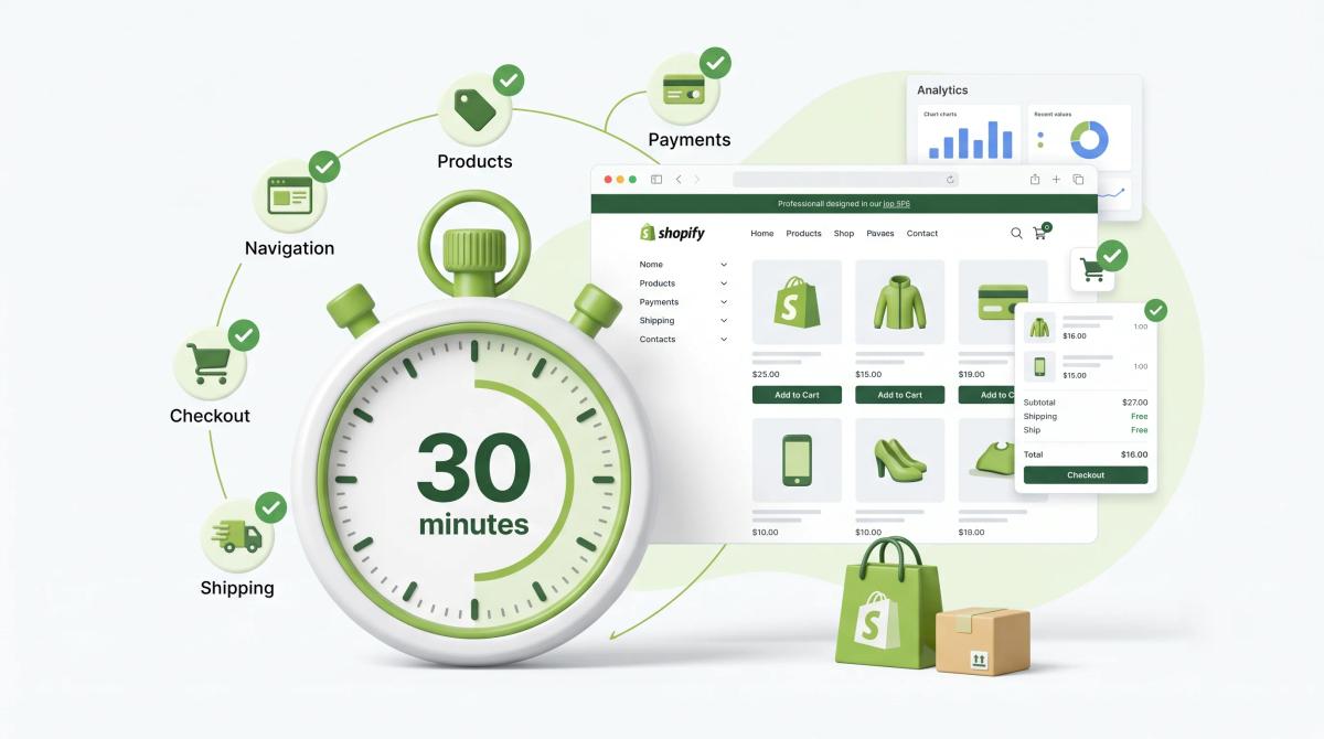 Shopify store setup audit checklist showing a 30-minute review of navigation, products, payments, shipping, and checkout.