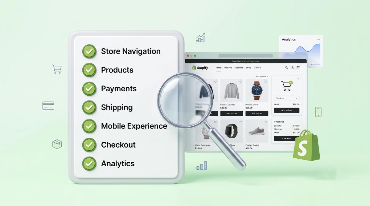 Shopify store setup checklist showing navigation, products, payments, shipping, mobile experience, checkout, and analytics.