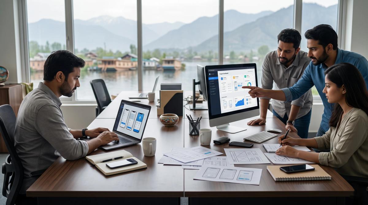 Kashmir app development team collaborating on mobile app UI/UX design, wireframes, and project dashboards to compare freelancer and agency development services.