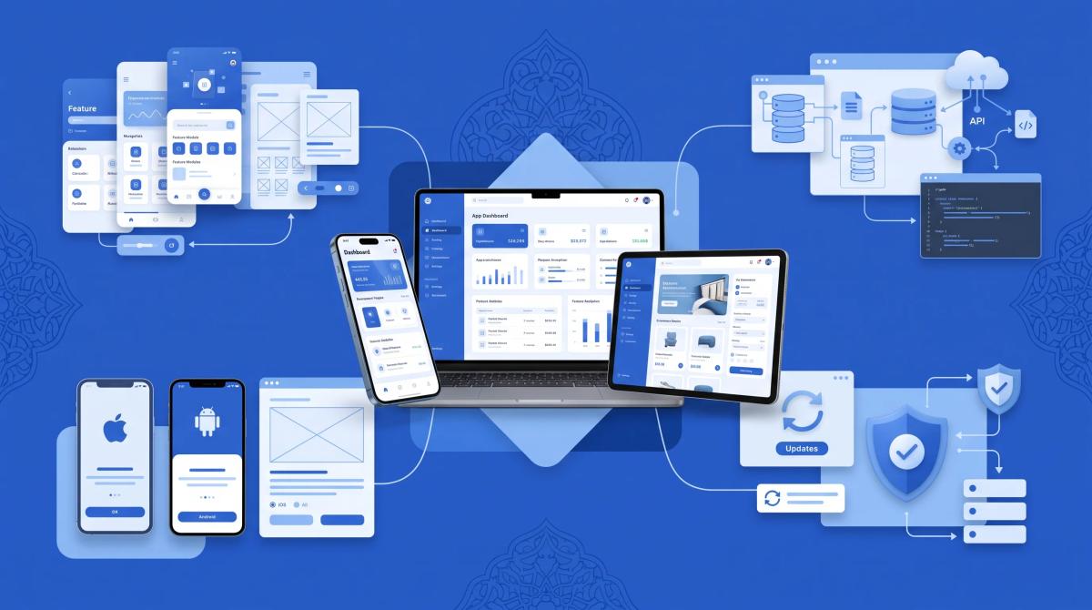 App development pricing in Kashmir illustrated with mobile app UI designs, iOS and Android interfaces, a web dashboard, backend database integration, and security features.