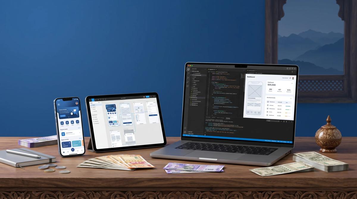 Writing Android, iOS, and web app development in Kashmir, featuring mobile app interfaces, UI/UX wireframes, software code on a laptop, and Indian currency notes.