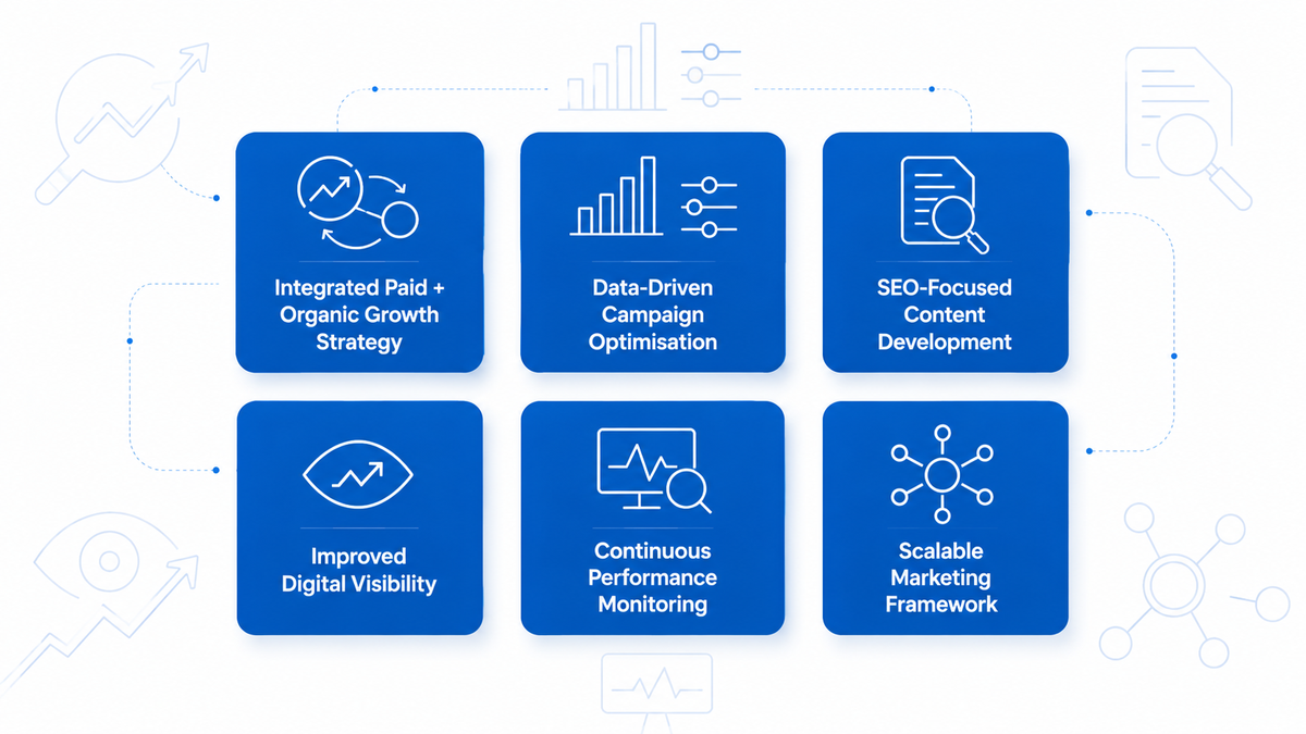 Integrated digital marketing strategy with paid and organic growth, campaign optimization, SEO content, visibility, performance monitoring, and scalable marketing.
