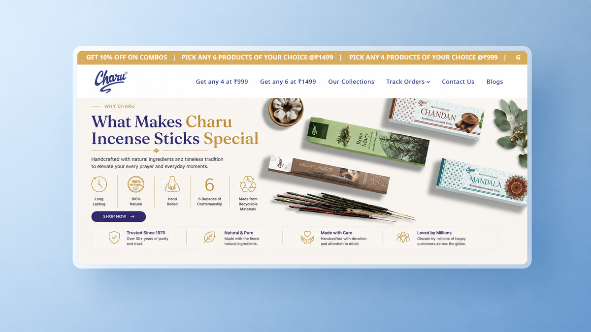 Charu incense sticks website showcasing natural ingredients, handcrafted products, and traditional craftsmanship.