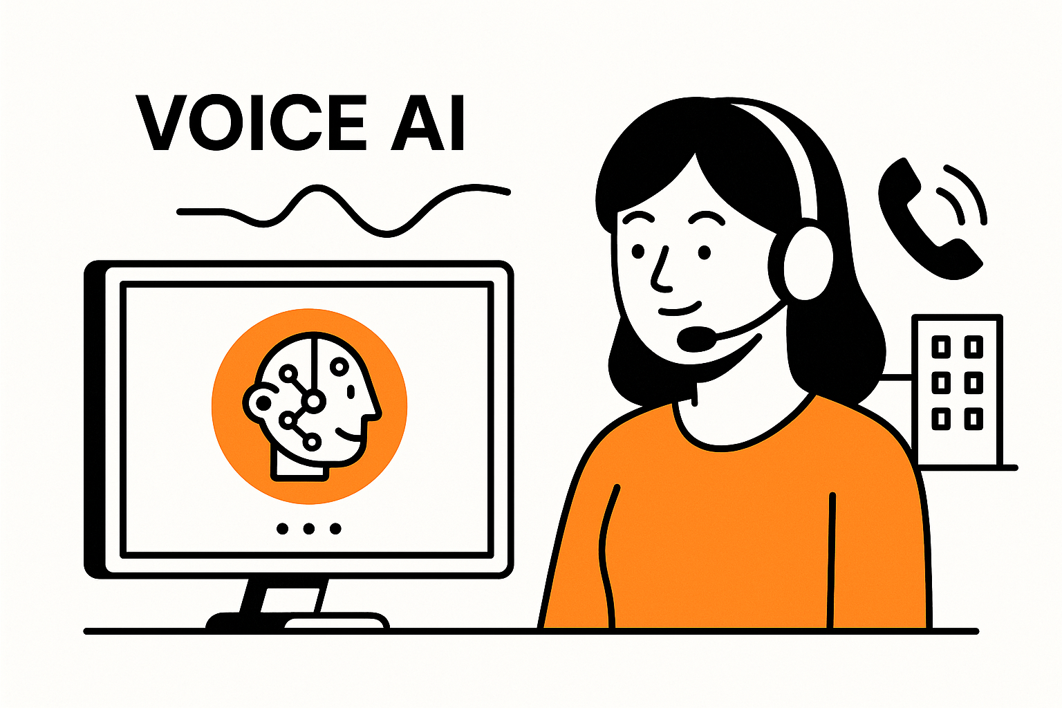 Professional black, white and orange illustration showing a voice AI agent handling a company’s phone reception.