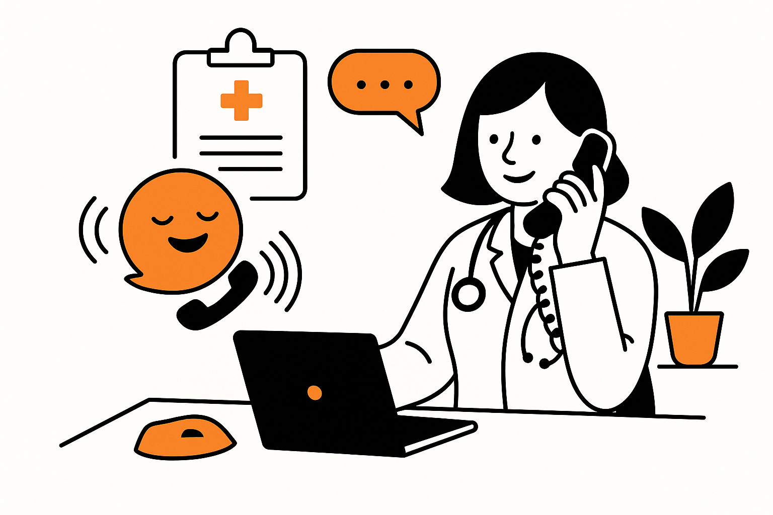Illustration minimaliste représentant Donna, l’assistante téléphonique médicale IA, prenant un appel patient de manière autonome.