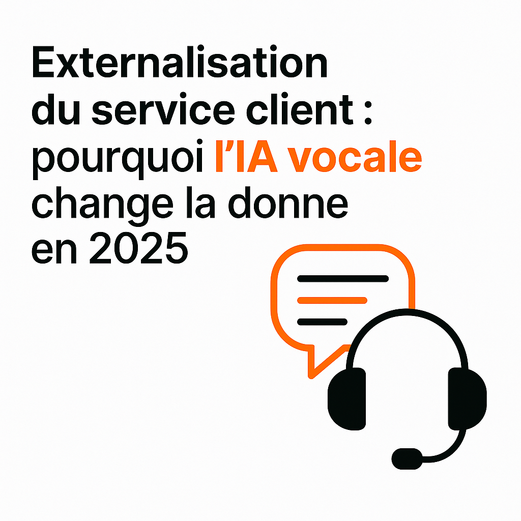 Visuel minimaliste illustrant l’externalisation du service client avec l’IA vocale en 2025