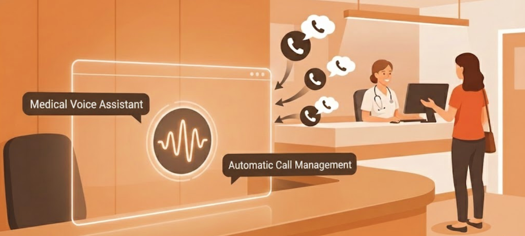 Illustration showing a medical receptionist overwhelmed by phone calls.
