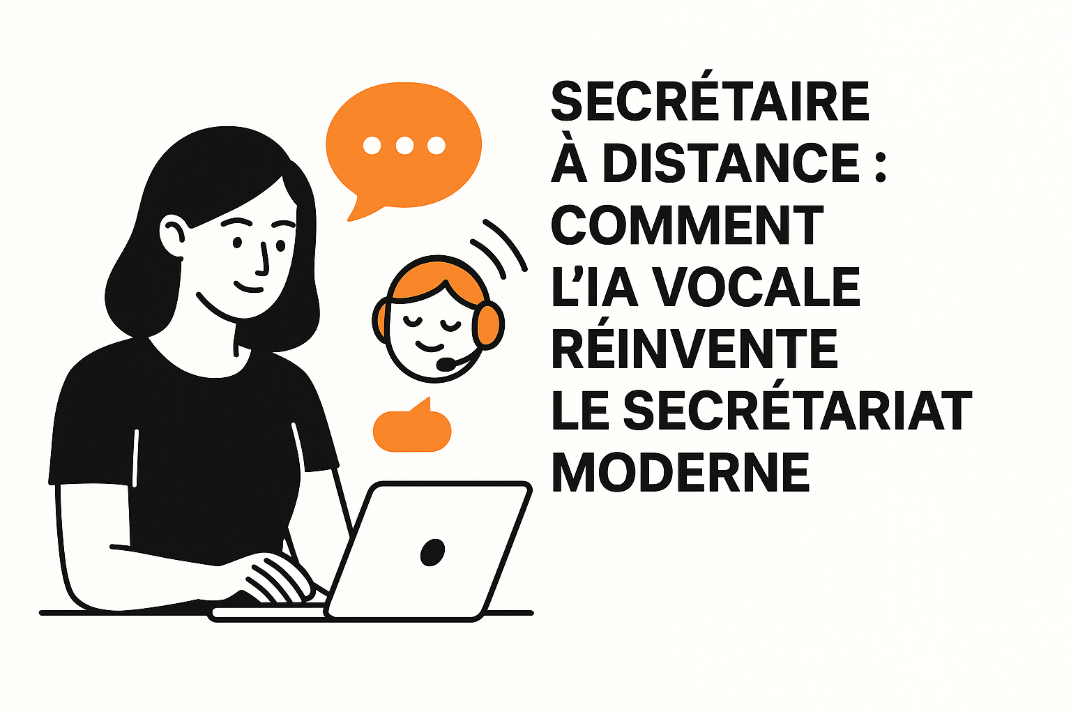 Illustration minimaliste en noir, blanc et orange représentant une secrétaire à distance assistée par une intelligence artificielle vocale.