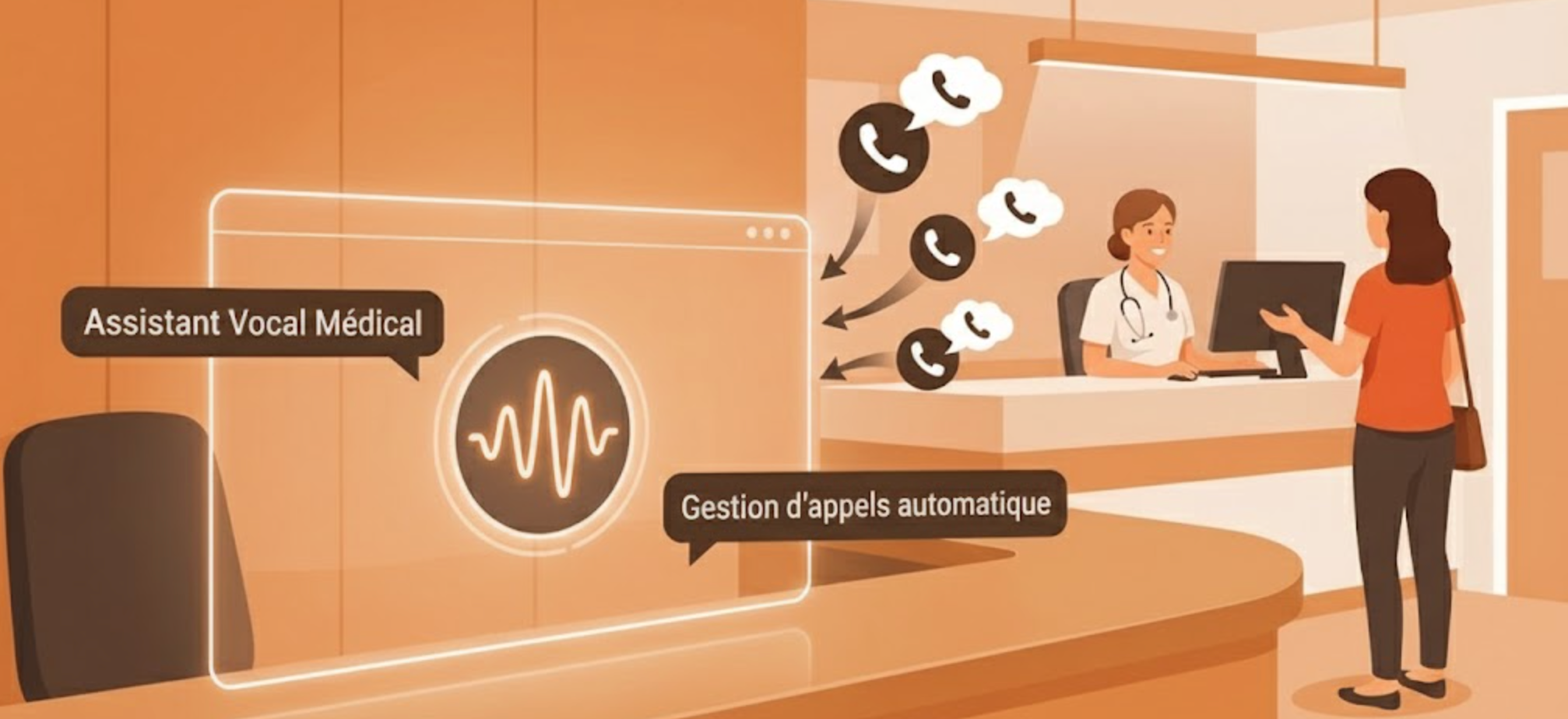 Illustration d’un agent vocal médical prenant automatiquement les appels d’un cabinet.