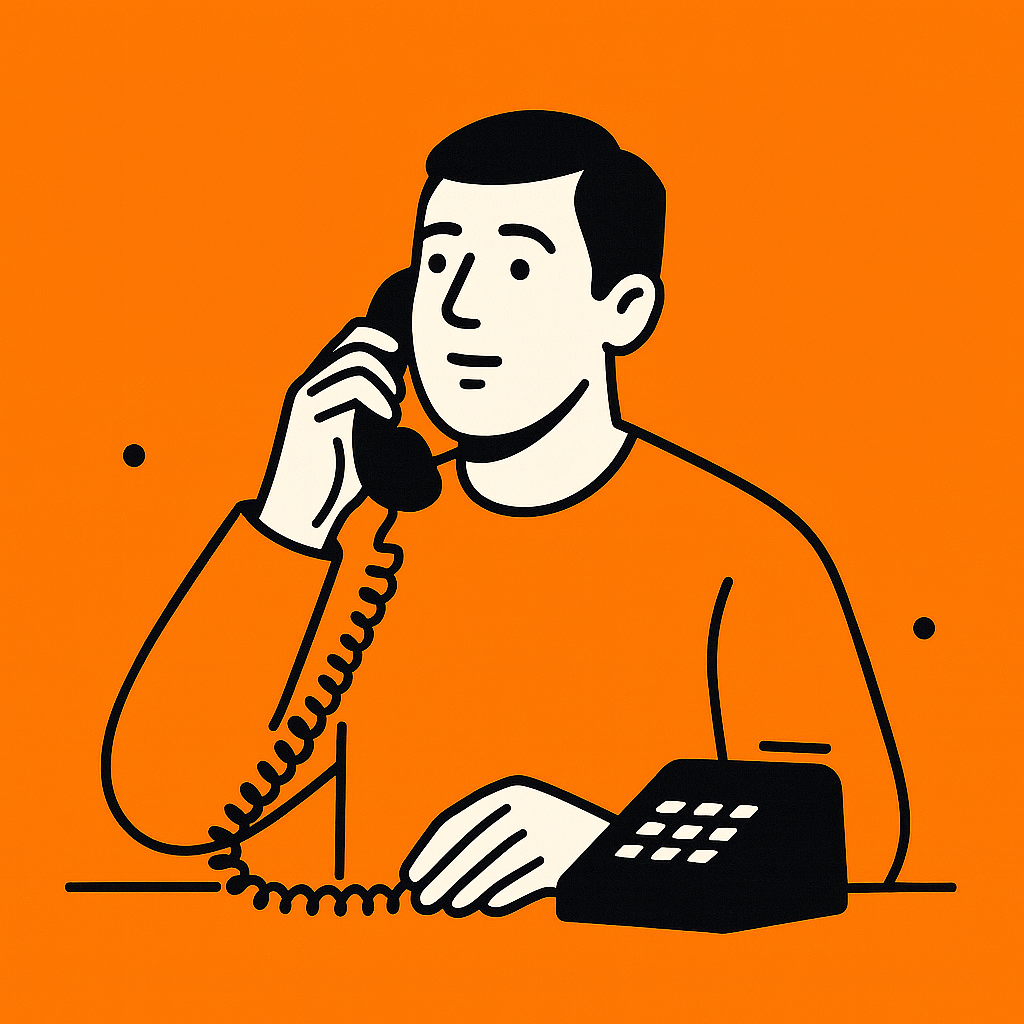 Illustration minimaliste en noir, blanc et orange représentant un patient appelant un cabinet médical.