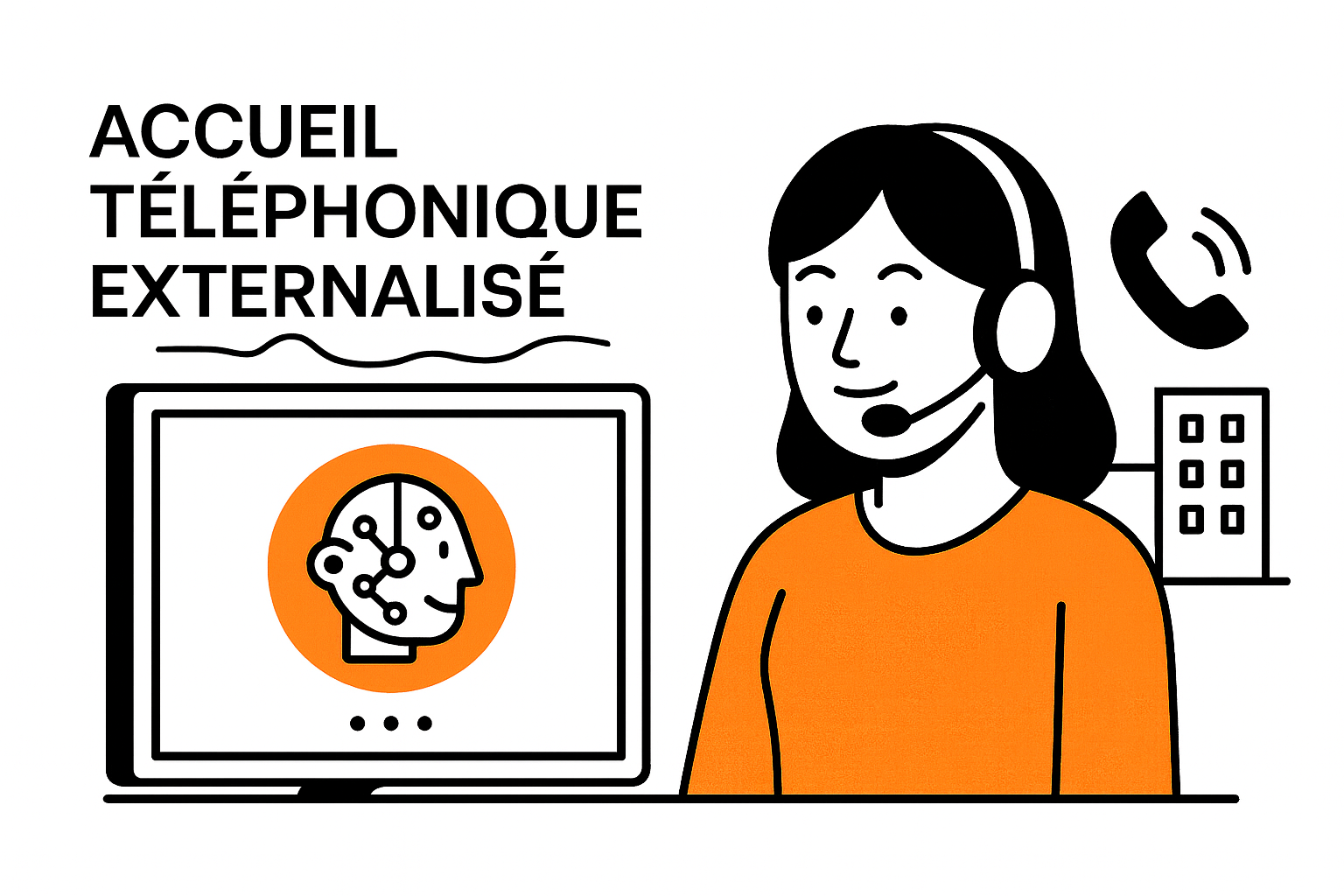 Illustration professionnelle en noir, blanc et orange représentant un agent vocal IA gérant l’accueil téléphonique d’une entreprise.