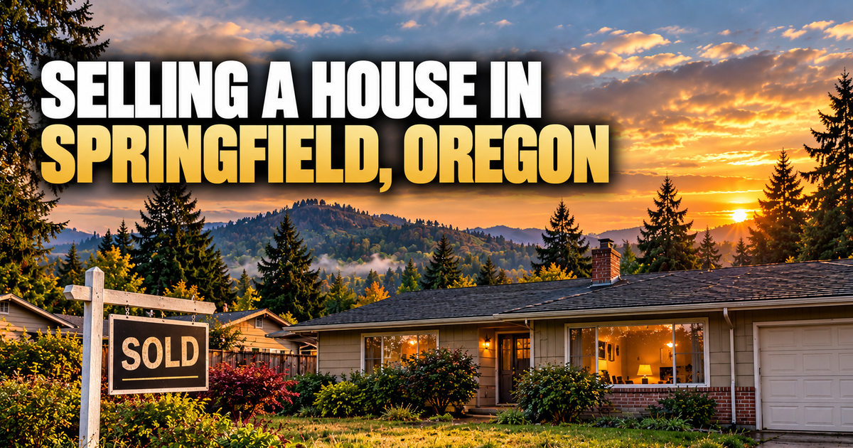 Selling a house in Springfield, Oregon: a SOLD sign in front of a single-story ranch house with a brick chimney and attached garage, fir-covered hills and a sunset behind it, sidewalk wet from rain