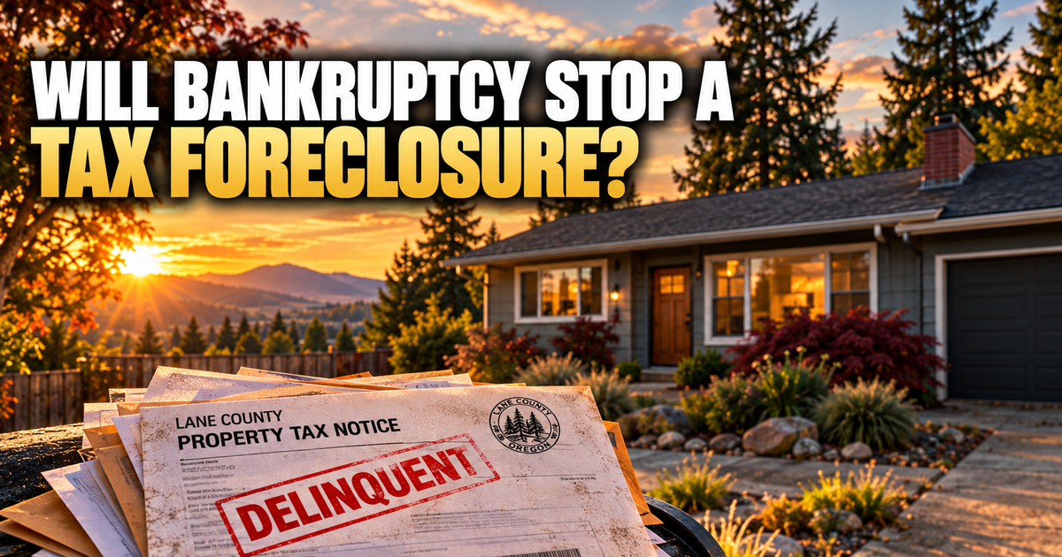 Will bankruptcy stop a tax foreclosure? A Lane County property tax notice stamped DELINQUENT sits on a stack of mail on a mailbox outside a single-story Oregon home at sunset