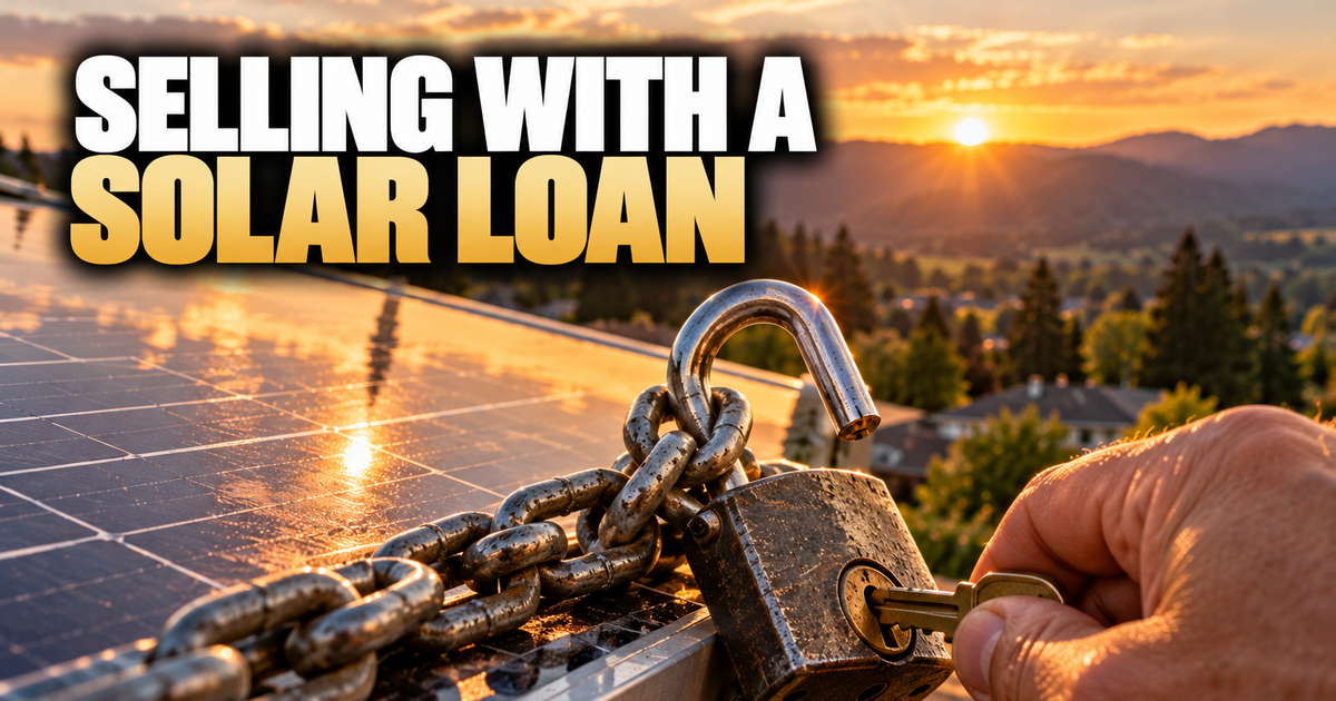 How to sell a house with a solar loan in Oregon: a hand turning a key in an open padlock on a chain wrapped around rooftop solar panels at sunset, with evergreen hills behind