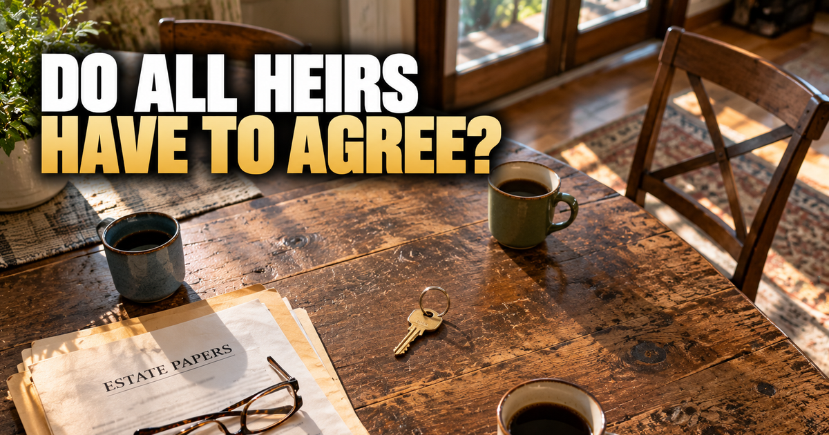 Do all heirs have to agree to sell an inherited house in Oregon? A single house key on a wooden kitchen table between three coffee mugs and a stack of estate papers with reading glasses