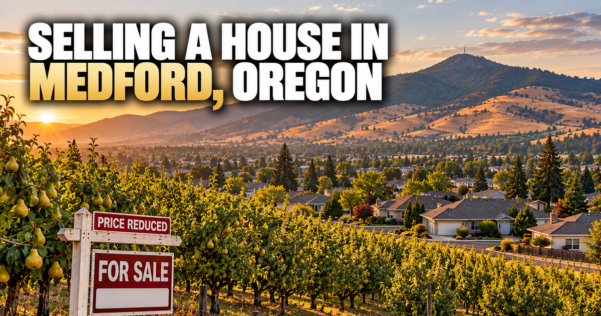 Selling a house in Medford, Oregon: a For Sale sign with a Price Reduced rider in a pear orchard above a Medford neighborhood, with golden hills behind it at sunset