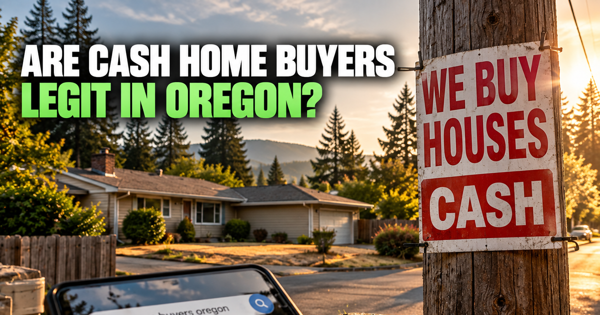 Are cash home buyers legit in Oregon? A weathered “We Buy Houses Cash” sign zip-tied to a telephone pole in front of a 1970s ranch house at golden hour, with a phone on the fence rail showing a search for “cash home buyers oregon”