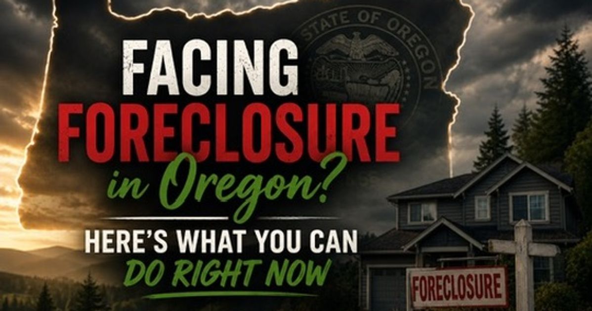 Oregon state outline over a home with a foreclosure sign in the front yard under dark storm clouds