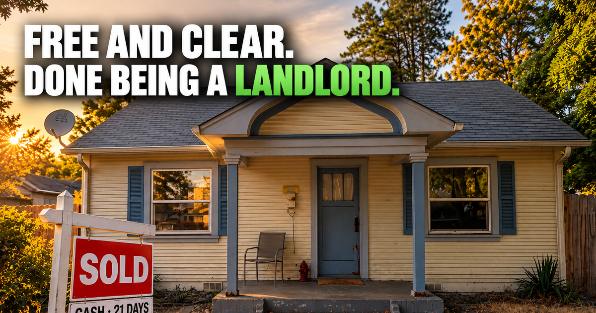 Free and clear, done being a landlord: a small yellow bungalow with blue shutters in Grants Pass, Oregon, at golden hour, with a SOLD sign reading “Cash · 21 days” in the dry front lawn — the vacant rental house we bought after thirteen years with the same tenant