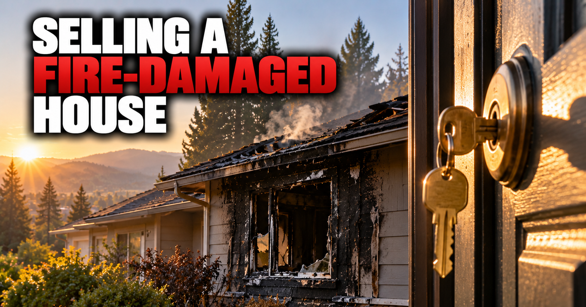 Can I sell my fire-damaged house in Oregon? A house the morning after a fire, with charred siding, a scorched roofline, a thin wisp of smoke, and a new house key hanging in the front door lock