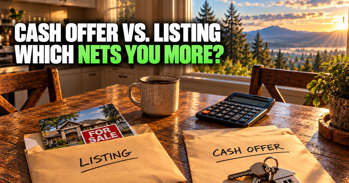Cash offer vs. listing, which nets you more: a listing net sheet and a one-page cash offer with house keys side by side on a kitchen table in a Lane County, Oregon home, with a calculator, coffee and a view of the Willamette Valley through the window