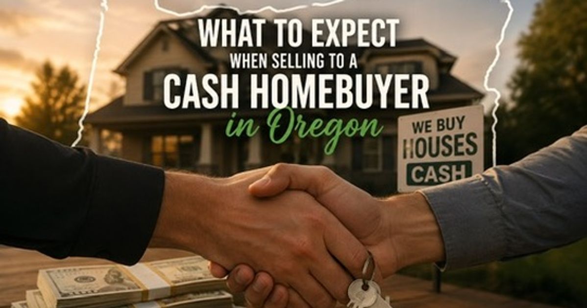 Handshake between an Oregon homeowner and a cash home buyer with stacks of cash, house keys, and a We Buy Houses Cash sign in front of a home at sunset