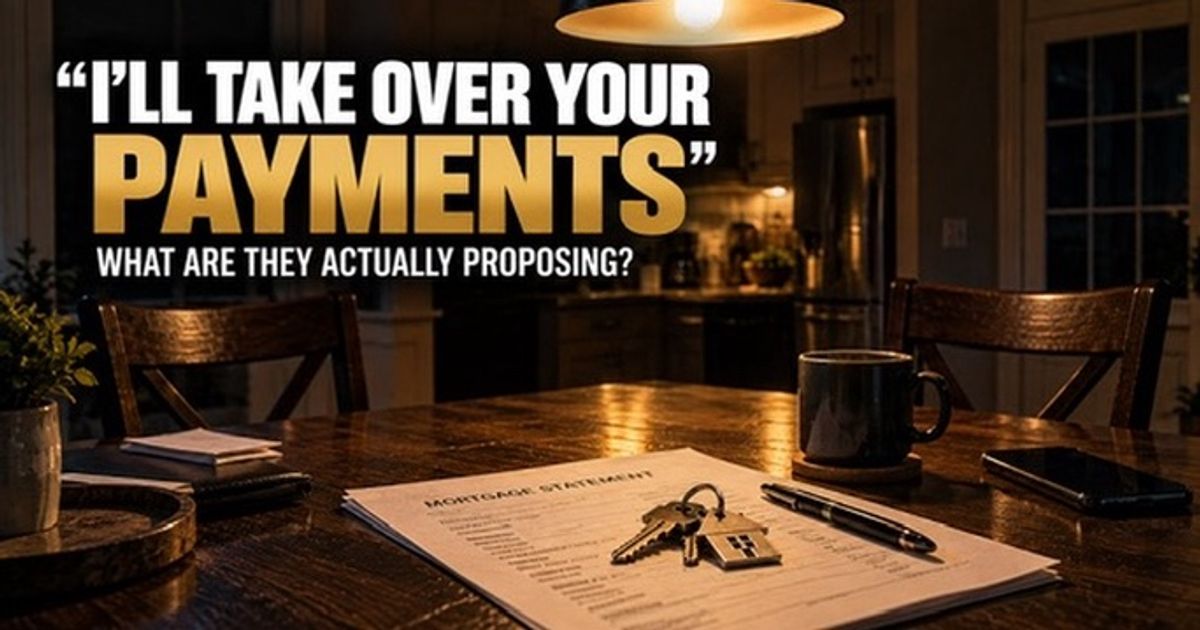 “I’ll take over your payments” — house keys resting on a mortgage statement at a kitchen table at night