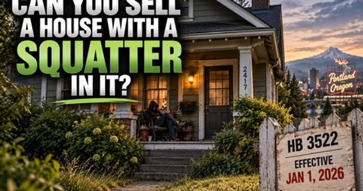Can you sell a house with a squatter in it? An HB 3522 notice posted on the fence of an older Portland, Oregon craftsman home with someone on the porch