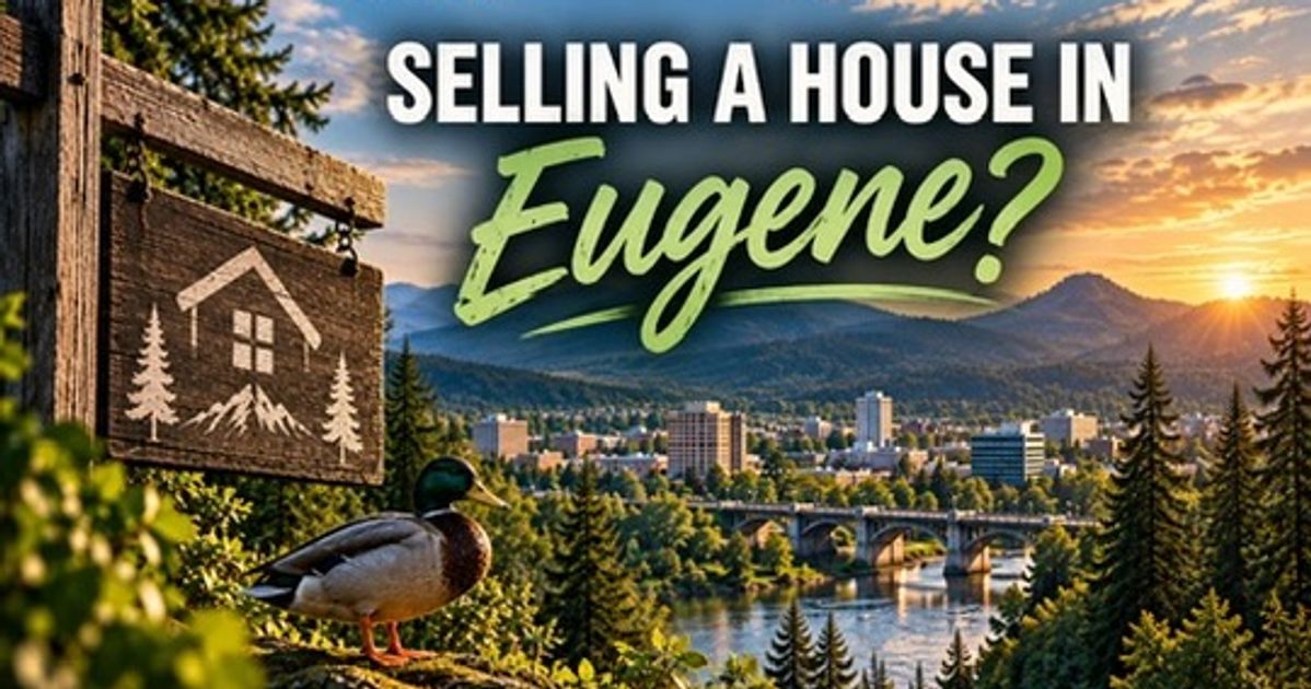 Wooden property sign above the Eugene, Oregon skyline and Willamette River at sunrise, headlined “Selling a house in Eugene?”